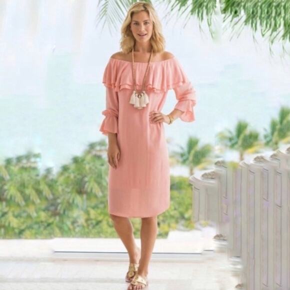 Soft Surroundings Gauze Off Shoulder Dress Bossa Nova Pink Easter Plus size‎ - Picture 6 of 6